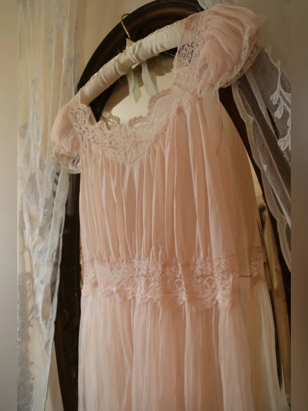 Vintage Nylon Lace Pink Nightgown - Picture 4 of 7